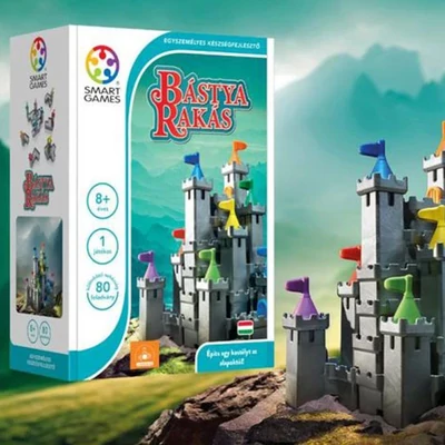 Bástya Rakás logikai játék – SmartGames – doboz, 8+ éves jelzéssel és várépítő grafikával