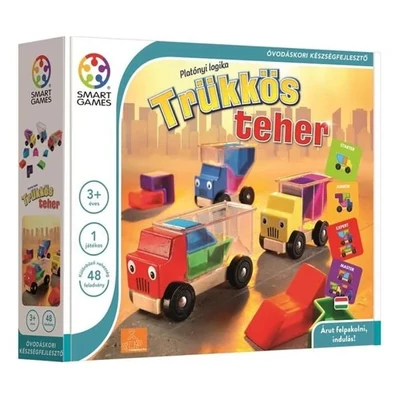 Trükkös teher logikai játék – SmartGames – három fa teherautó és színes csomag elemek rakodáshoz