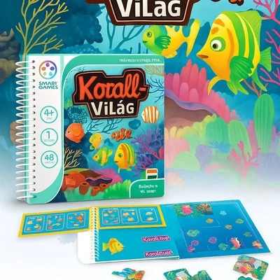 Korallvilág logikai játék – mágneses utazójáték doboz nyitott állapotban, tenger alatti témával