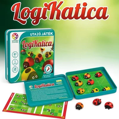 LogiKatica logikai játék – doboz, játéktábla és katicabogarak, mágneses utazó formában