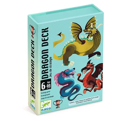 Djeco Kártyajáték - Sárkányharc - Dragon deck csomagolása, rajta 3 sárkány